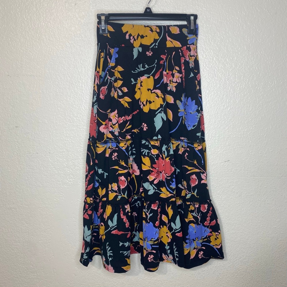 Pact Black Midi Skirt with Yellow, Blue & Pink Floral Print